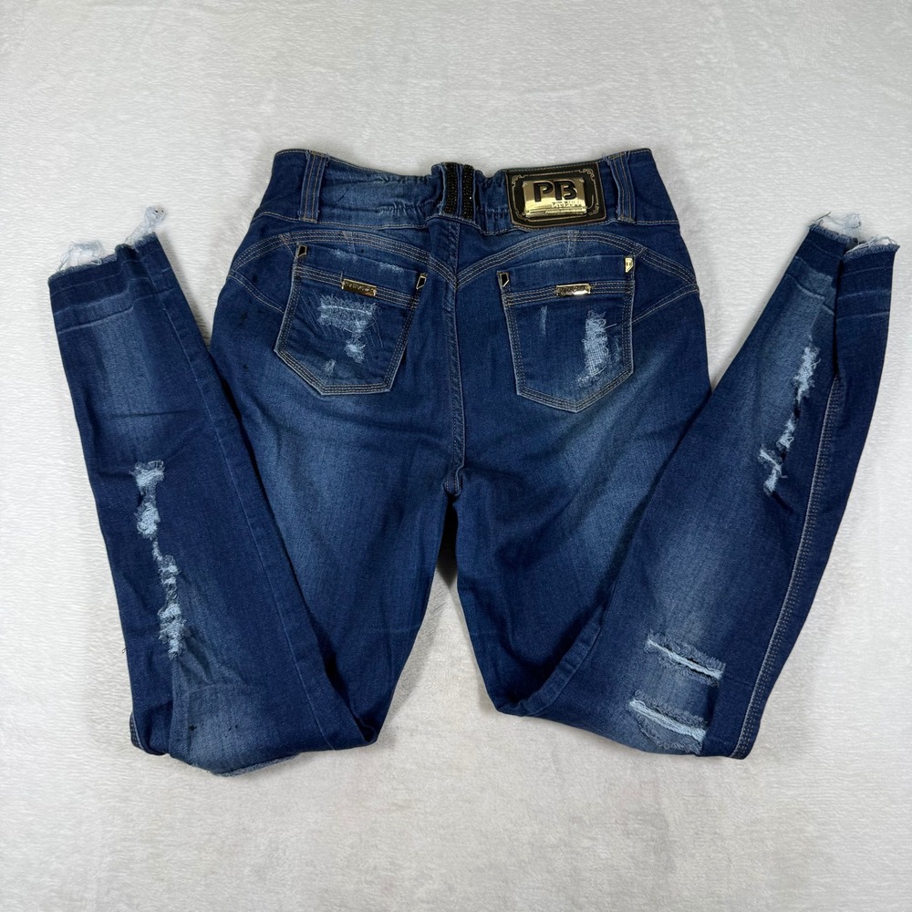 Pit Bull Jeans Womens 8 Dark Wash High Rise Distressed Skinny Jeans Rhinestone